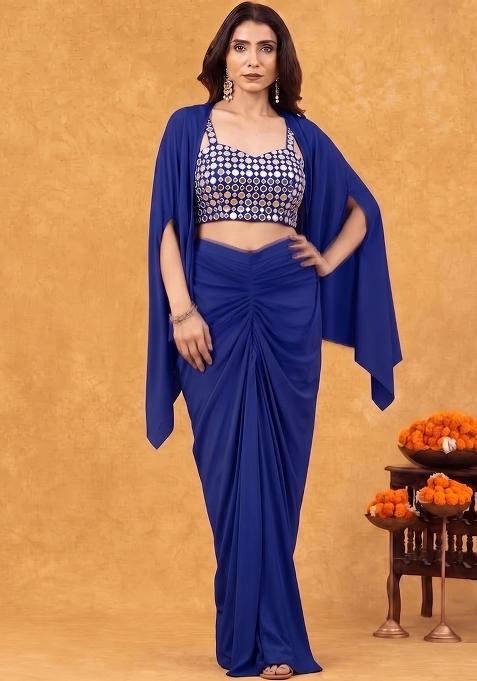Navy Blue Mirror Work Georgette Fusion Set