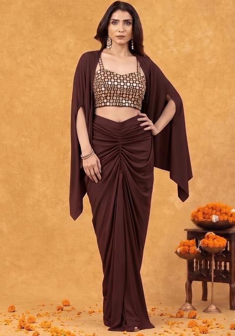 Brown Mirror Work Georgette Fusion Set