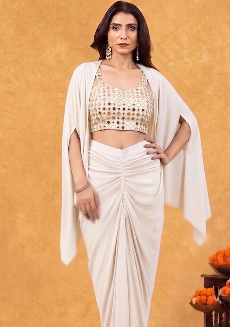 White Mirror Work Georgette Fusion Set - Indya