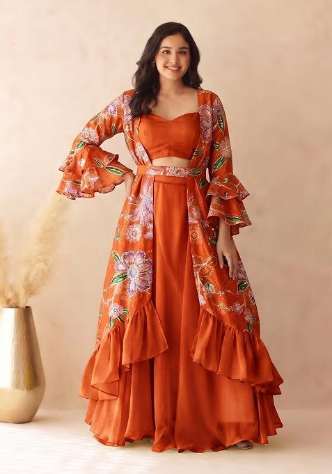 Orange Printed Organza Lehenga Set