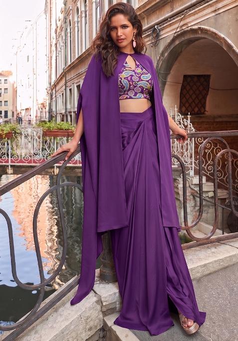 Purple Printed Crepe Fusion Set