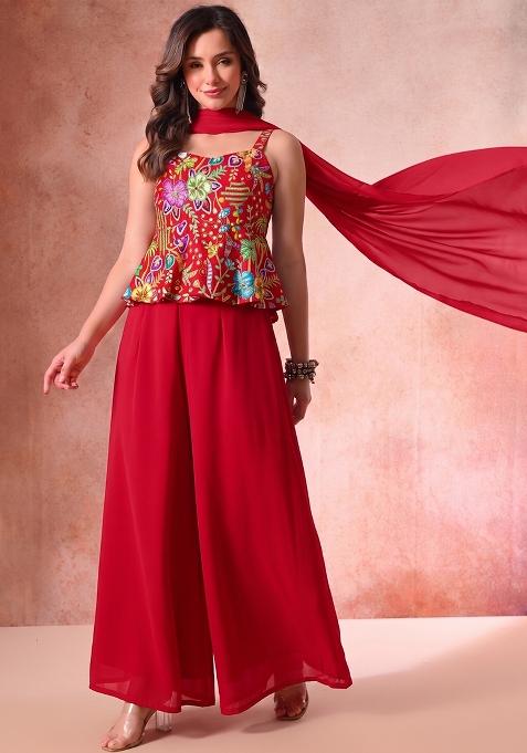 Red Printed Crepe Sharara Set