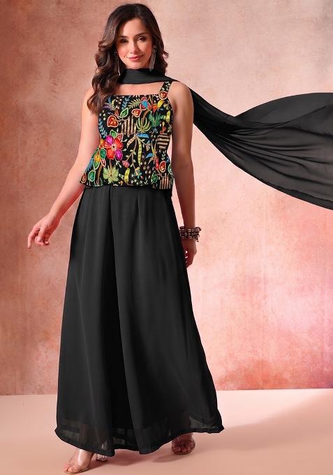 Dark Olive Printed Crepe Sharara Set