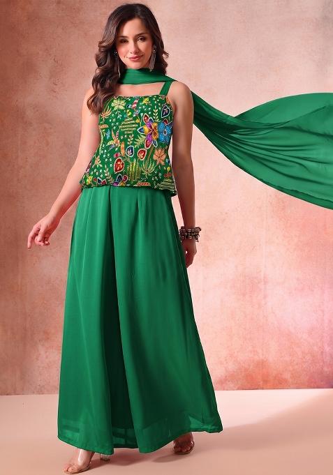 Bottle Green Printed Crepe Sharara Set