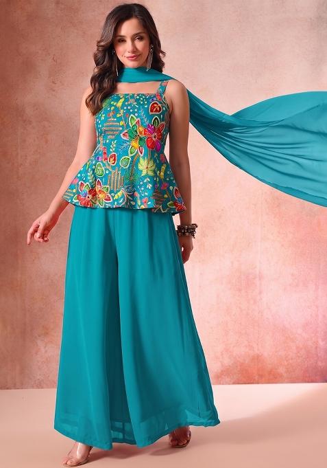 Blue Printed Crepe Sharara Set