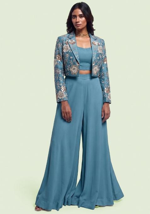 Blue Embroidered Georgette Fusion Set