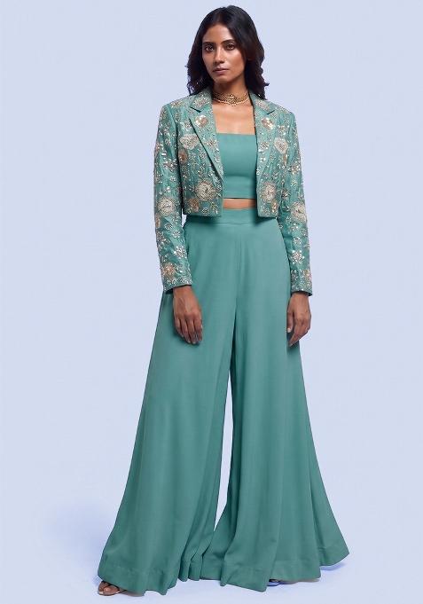 Light Teal Embroidered Georgette Fusion Set