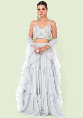 Off White Embroidered Organza Lehenga Set