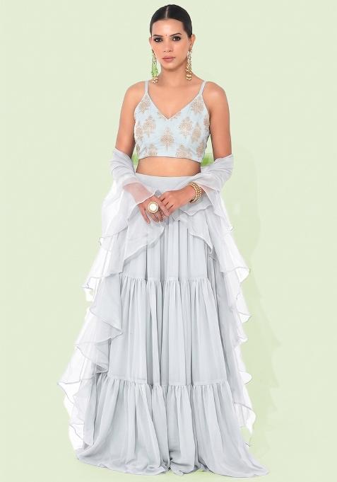Off White Embroidered Organza Lehenga Set