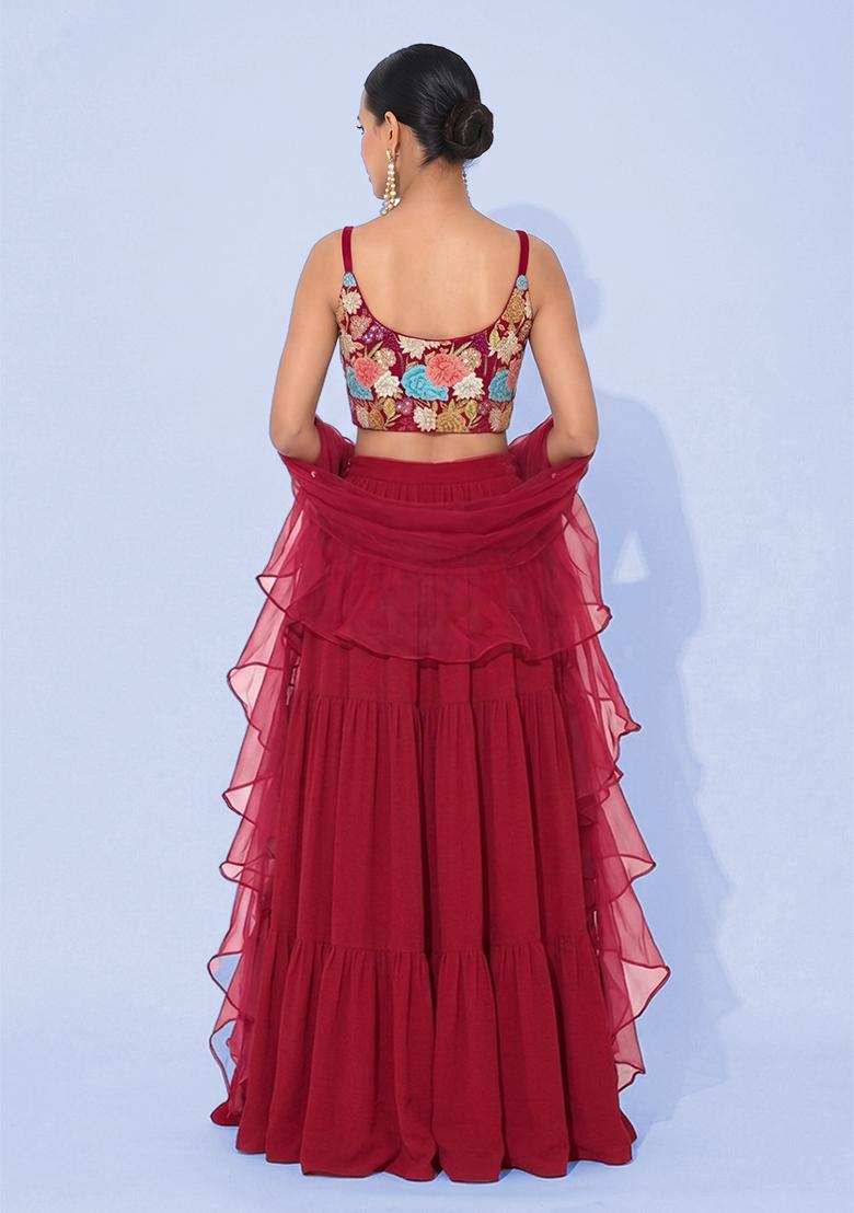 Red Printed Crepe Lehenga Set - Indya