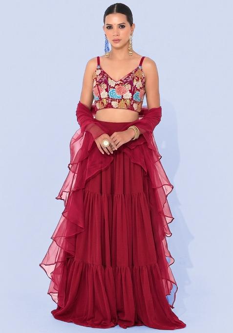 Red Printed Crepe Lehenga Set
