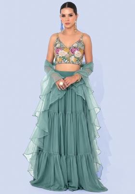 Mint Printed Crepe Lehenga Set