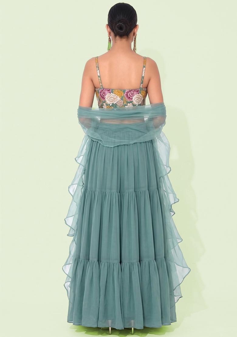 Mint Printed Crepe Lehenga Set - Indya