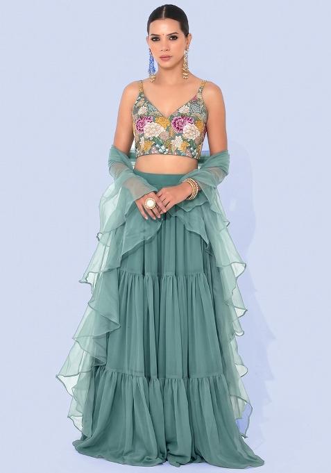Mint Printed Crepe Lehenga Set