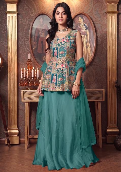 Teal Silk Lehenga Set