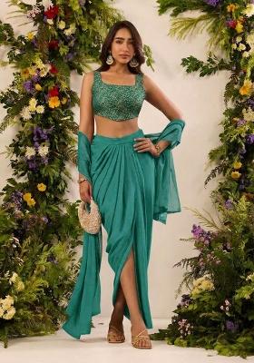 Bottle Green Brocade Fusion Set