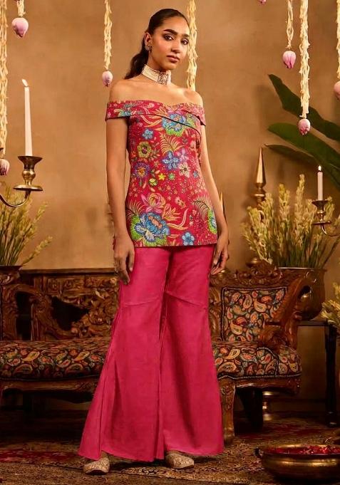 Hot Pink Printed Chinon Fusion Set