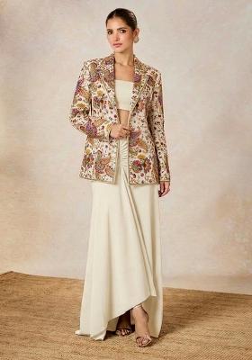 Off White Embroidered Crepe Fusion Set