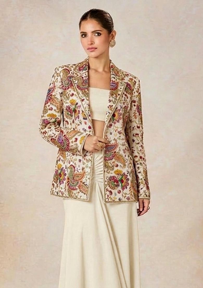 Off White Embroidered Crepe Fusion Set - Indya