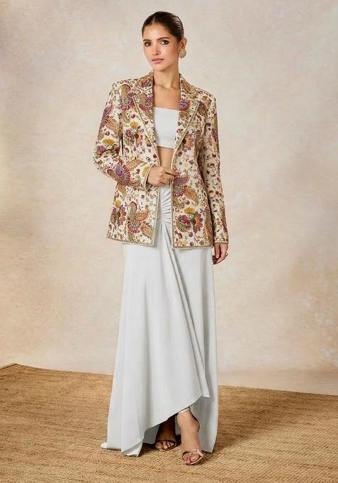 Off White Embroidered Crepe Fusion Set