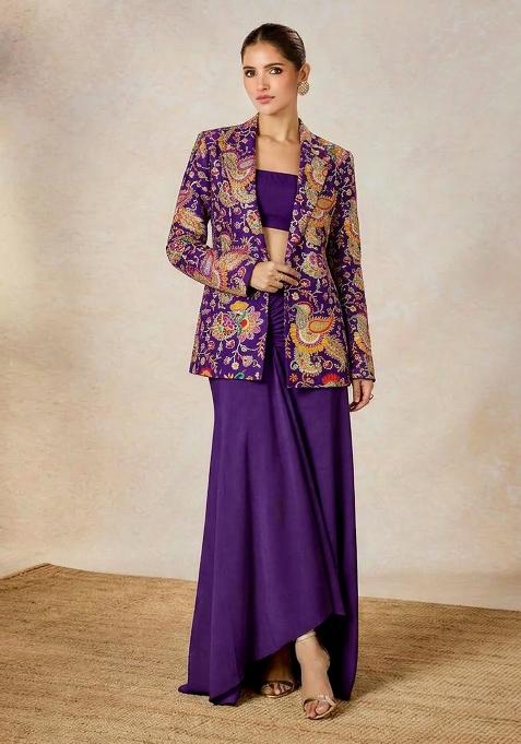 Violet Embroidered Crepe Fusion Set