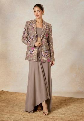 Dusty Mauve Embroidered Crepe Fusion Set