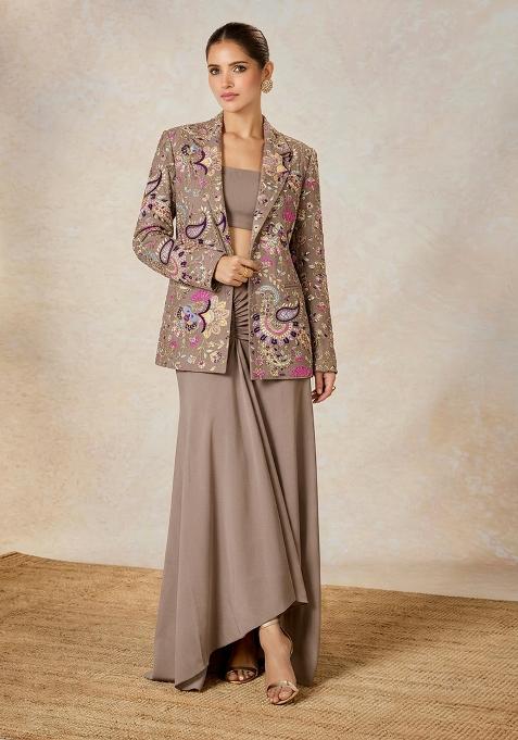 Dusty Mauve Embroidered Crepe Fusion Set
