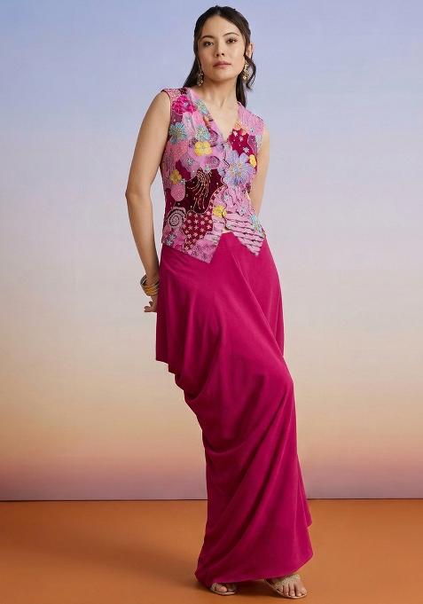 Rani Pink Printed Crepe Fusion Set