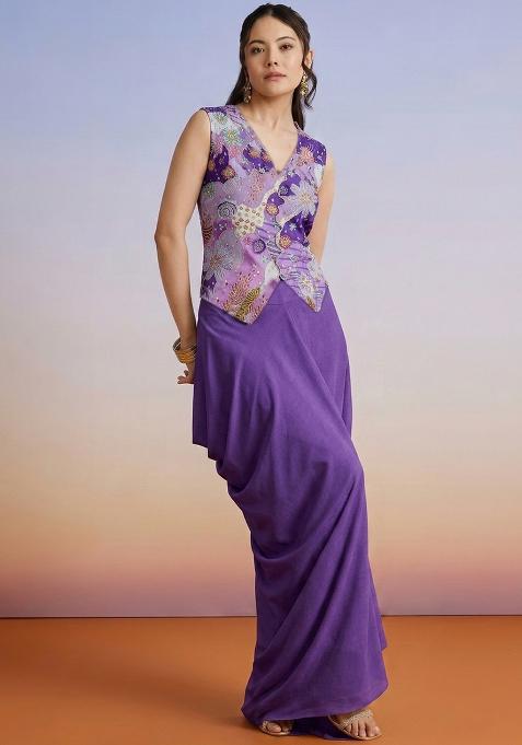 Purple Printed Crepe Fusion Set