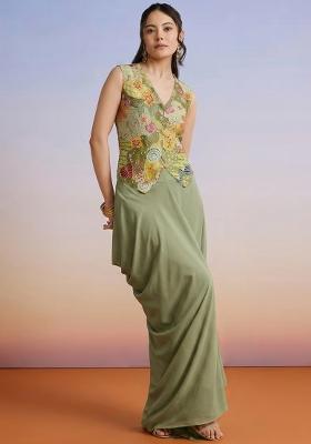 Pastel Green Printed Crepe Fusion Set