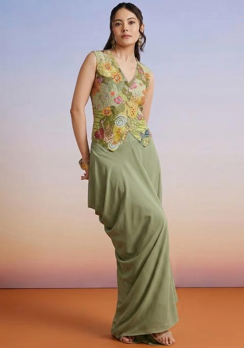 Pastel Green Printed Crepe Fusion Set