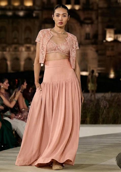 Peach Embroidered Cotton Fusion Set