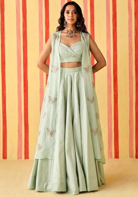 Off White Embroidered Organza Fusion Set