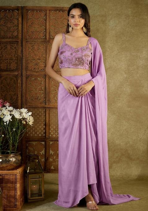 Lavender Printed Organza Pre Draped Saree Set