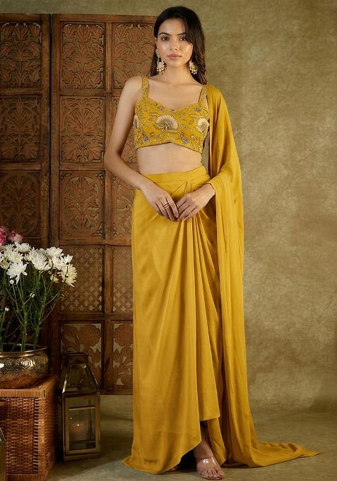 Yellow Printed Organza Pre Draped Saree Set