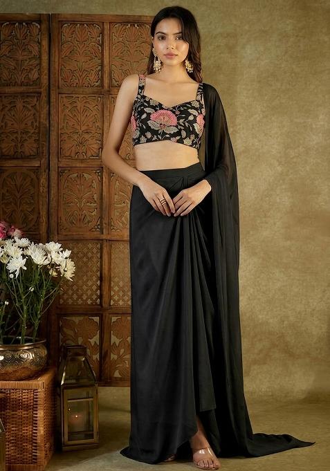Black Printed Organza Pre Draped Saree Set