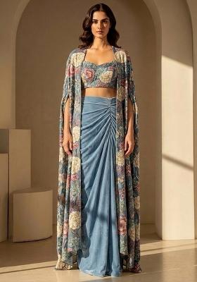 Powder Blue Printed Chinon Fusion Set