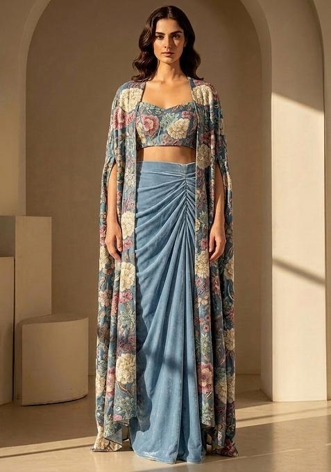 Powder Blue Printed Chinon Fusion Set