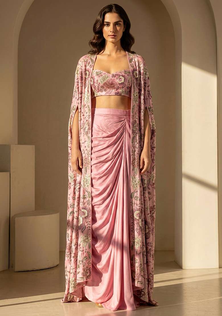 Pink Printed Chinon Fusion Set - Indya