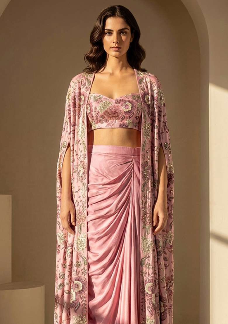 Pink Printed Chinon Fusion Set - Indya