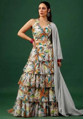 Off White Printed Georgette Lehenga Set
