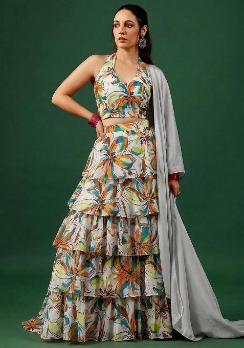 Off White Printed Georgette Lehenga Set