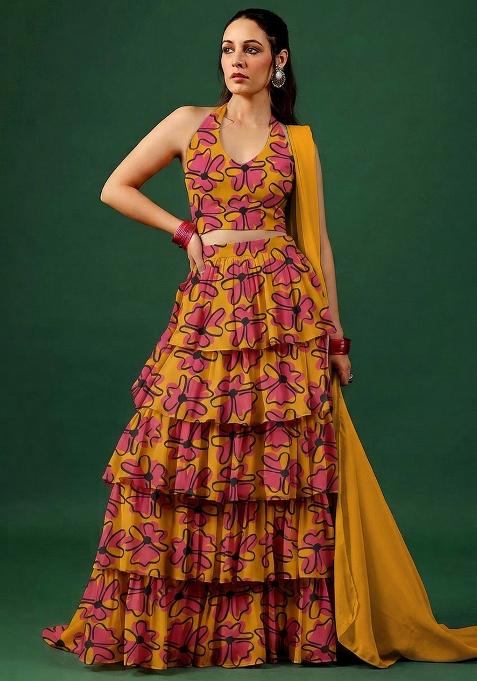 Orange Printed Georgette Lehenga Set