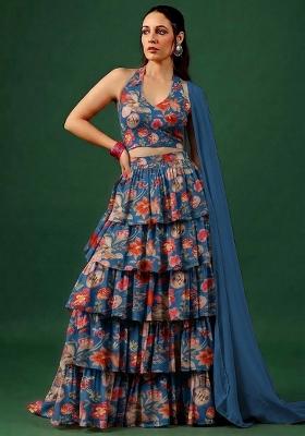 Blue Printed Georgette Lehenga Set