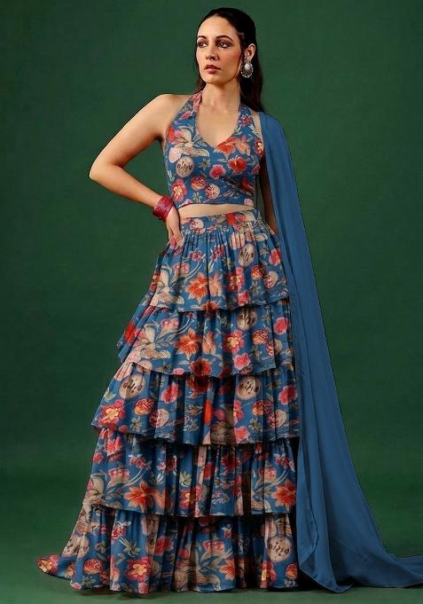 Blue Printed Georgette Lehenga Set