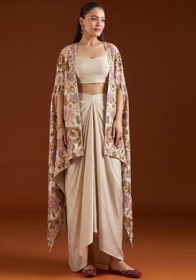Beige Printed Silk Fusion Set