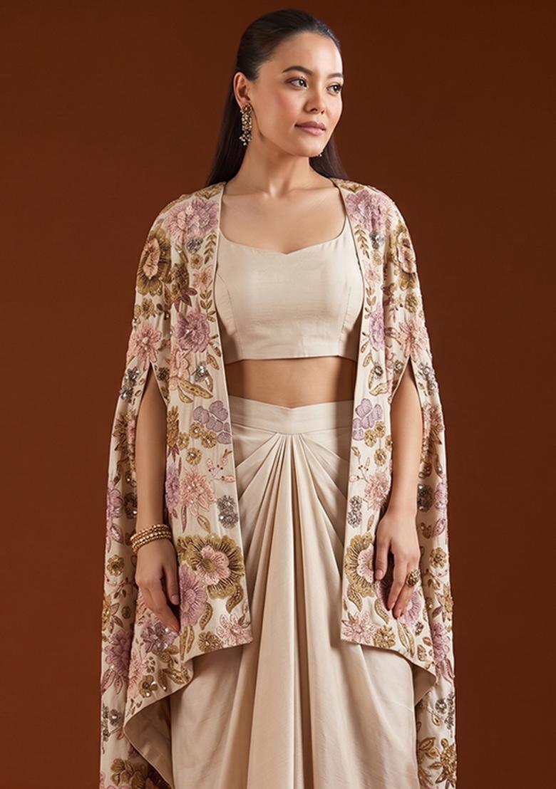 Beige Printed Silk Fusion Set - Indya