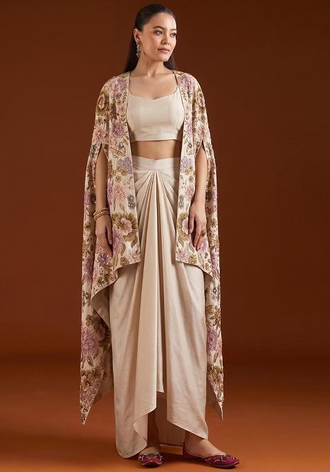 Beige Printed Silk Fusion Set