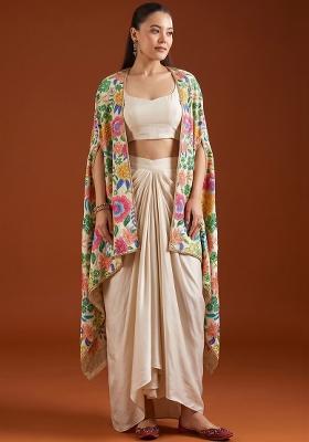 Off White Printed Silk Fusion Set