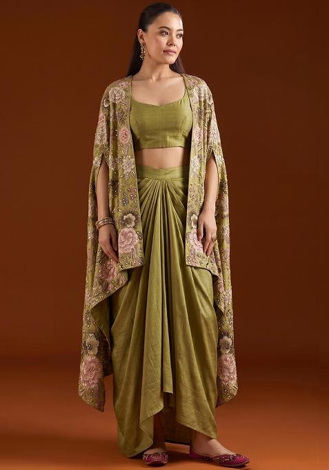 Green Printed Silk Fusion Set
